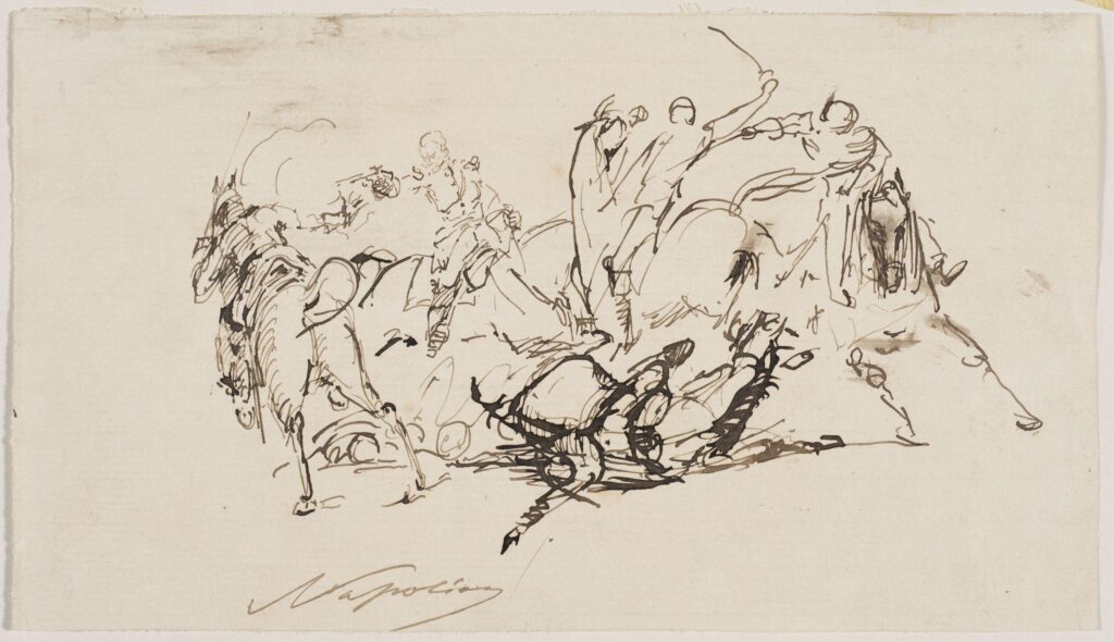 Sketch showing the fight in which the Prince Imperial was killed by Zulu warriors. 'Eugene Louis Jean Joseph Napoleon Bonaparte, A cavalry skirmish', pen and ink on paper, French School, c. 1879. 
Victoria and Albert Museum