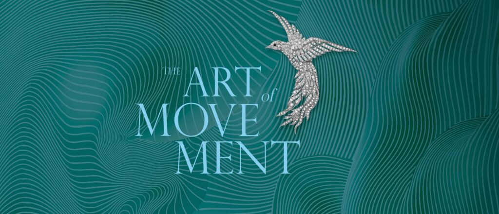 Publicity image for The Art of Movement by Van Cleef and Arpels. Text on a blue background with a diamond bird brooch. 