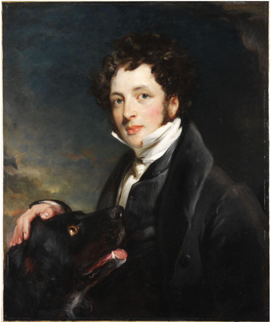 Oil painting of the Reverend Chauncey Hare Townshend, seated with his hand on the head of a large black dog. 