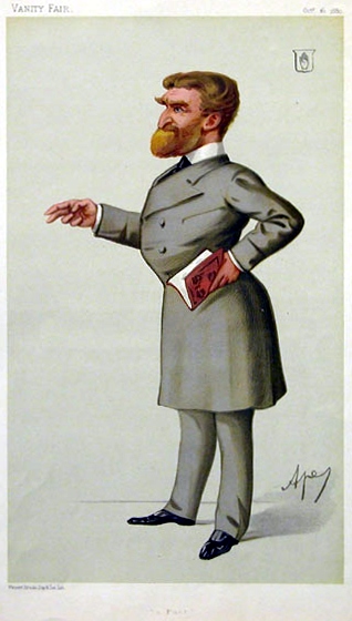 Caricature of MP Sir John Tollemache Sinclair as a poet. By Carlo Pellegrini for Vanity Fair, 16 October, 1880. Sinclair is shown in a grey frock coat and trousers, holding a red volume in his hand. Tollemache's marriage was betrayed through his wife's locket and secret love affair .