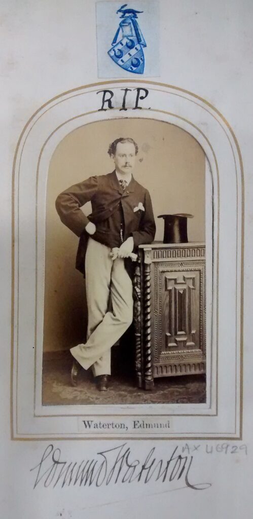Sepia photograph of Edmund Waterton dressed in a frock coat and pale trousers. From a carte de visite in an albun from the 1860s in the National Portrait Gallery, London.