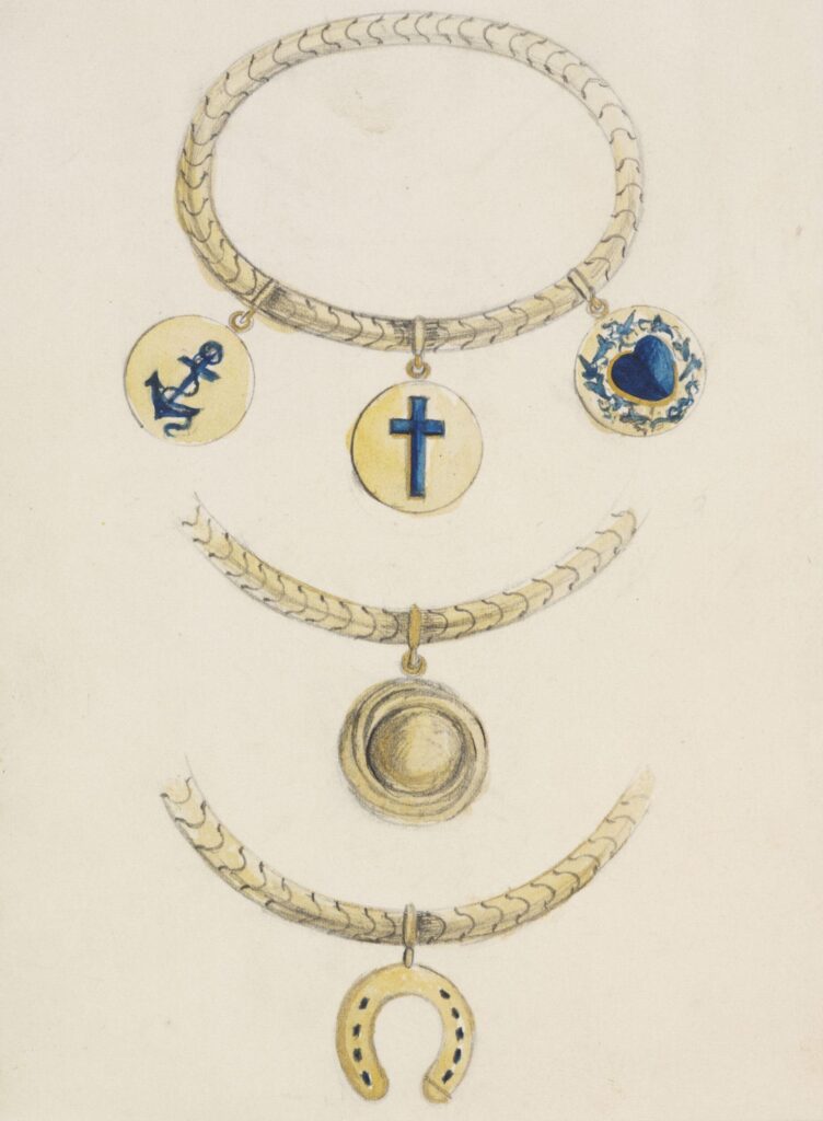 Jewellery design showing three necklaces with pendants. The top design shows a wide gold rope with three circular pendants; from left to right, a circle with an enamelled blue anchor, in the centre, is an enamelled cross  and finally, a heart surrounded by a crown of thorns. The necklace in the centre of the page has a circular pendant with a rope motif. The lowest necklace has a pendant shaped like a lucky horseshoe. The symbolism in this jewellery is that of the three cardinal virtues of hope, faith and charity. 