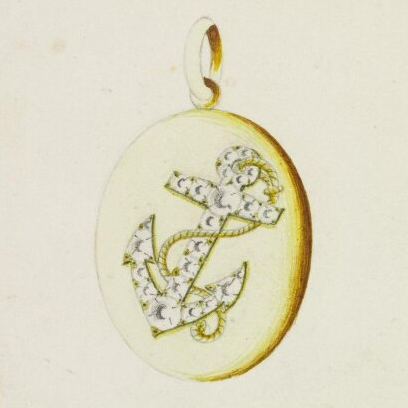 Design for a gold locket with a diamond set anchor. The gold oval locket is inset with a diamond set anchor around which a rope is loosely wound. Set on a cream background.