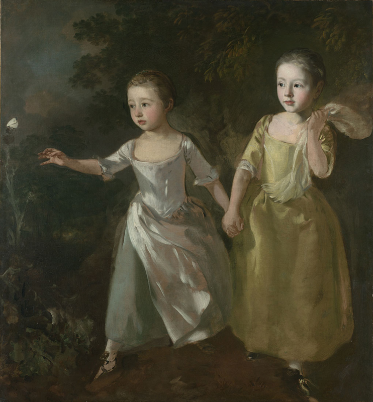 Oil painting showing two young girls holding hands. The girl on the right wears a yellow full length dress and holds her apron over her shoulder. The younger girl on the left wears a silvery white dress and apron. She is reaching her arm to catch a small white butterfly. The girls are painted against a background of dark green trees and a cloudy sky. 