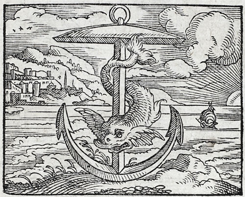 Black and white woodblock print of an anchor with a dolphin wrapped around it. Set against a background of waves and cloudy sky. A city on a hill appears in the back lefthand side of the image. Emblem from Andrea Alciati's Emblemata, ca. 1531. 