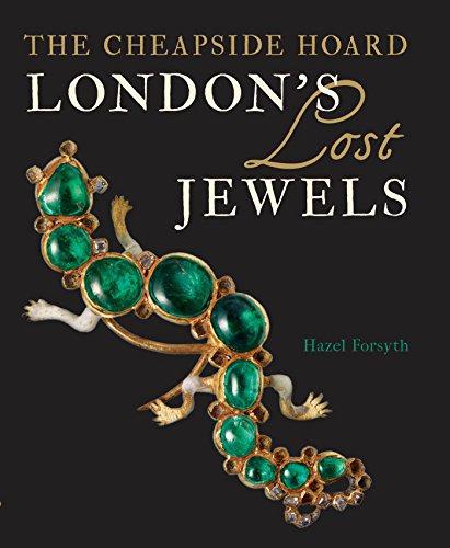 Cover image of 'London's Lost Jewels' showing an emerald and white enamel salamander jewel arranged diagonally across a black background. 