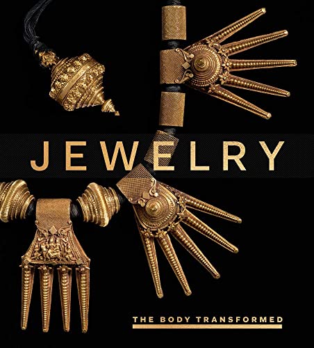 Cover image for 'Jewelry: the body transformed' showing a gold necklace with geometric decorations with protruding finger-like extensions. The title is overlaid over the image. 