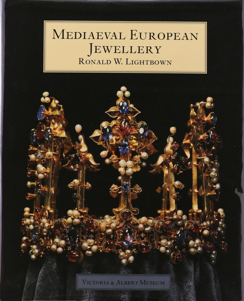 Cover image for 'Medieaval European Jewellery' with an image of a gemset crown against a black background. 