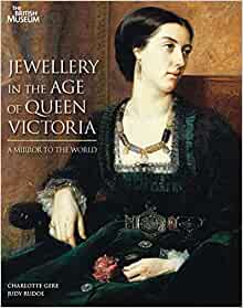 Cover image of 'Jewellery in the age of Queen Victoria' showing a painting of a woman in a dark green dress wearing an archaeologically inspired gold necklace. 