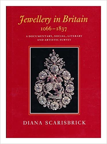 Cover image for 'Jewellery in Britain 1066-1837' showing a dark red background with a central panel image of a diamond set insignia of the Order of the Garter. The insignia has the figure of St George on horseback spearing a prostrate dragon. The outer border is set with large diamonds. 