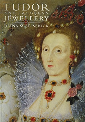 Cover image for 'Tudor and Jacobean Jewellery' showing a painted image of a woman's head and torso. She is wearing a delicate lace collar which stands up around her head and a white embroidered bodice. Her hair is set with pearls and a pearl necklace is wound through it. She wears a pearl and gemstone necklace with a pendant of red and black stones. 