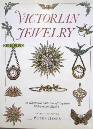 Cover image of 'Victorian Jewelry' showing a series of images from a trade catalogue including a central starburst pendant set above a bar brooch. It is flanked by two watch-brooches. 