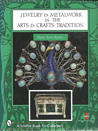 Cover image of 'Jewelry and metalwork in the Arts and Crafts Tradition' showing a green background with a pattern of feathers. The image in the centre of the cover is of an enamelled and opal peacock jewel shown with its tail fanned out. 