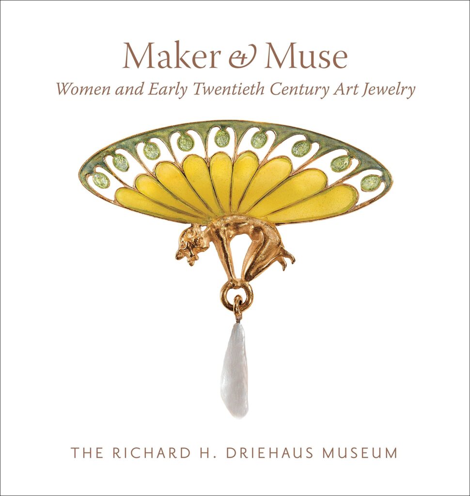 Cover image of 'Maker and Muse'. White background on which is placed a yellow enamel and pearl jewel shaped like a naked figure of a woman in gold. She is bending over to show a pair of enamelled butterfly wings which emerge from her back. 