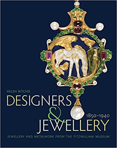 Cover image of 'Designers and Jewellery' showing an enamelled and gold pendant jewel against a dark background. The jewel is formed as a circle in which stands a white enamelled winged horse. 