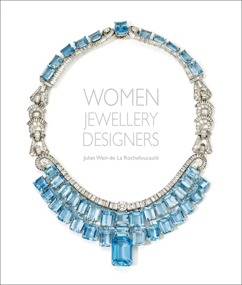 Cover image of 'Women jewellery designers'. White background on which is placed a large diamond and aquamarine necklace. The necklace has a two rows of square aquamarines at the front, with one large stone in the centre. 