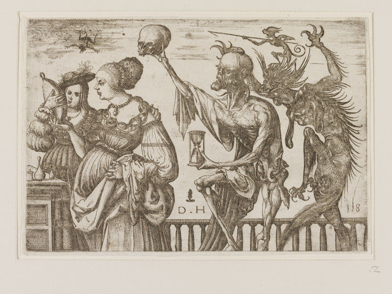 Death and the Devil attack two women who are looking in a hand-held mirror. Death holds a skull and an hour glass. Another demon stands on the Devil's head brandishing a spear and another flies above the women. The women are expensively dressed in contemporary costume, head-dresses and jewellery and stand in front of a dressing table with bottles and pots. The skull symbolises the ever presence of death, even for the young and beautiful. 