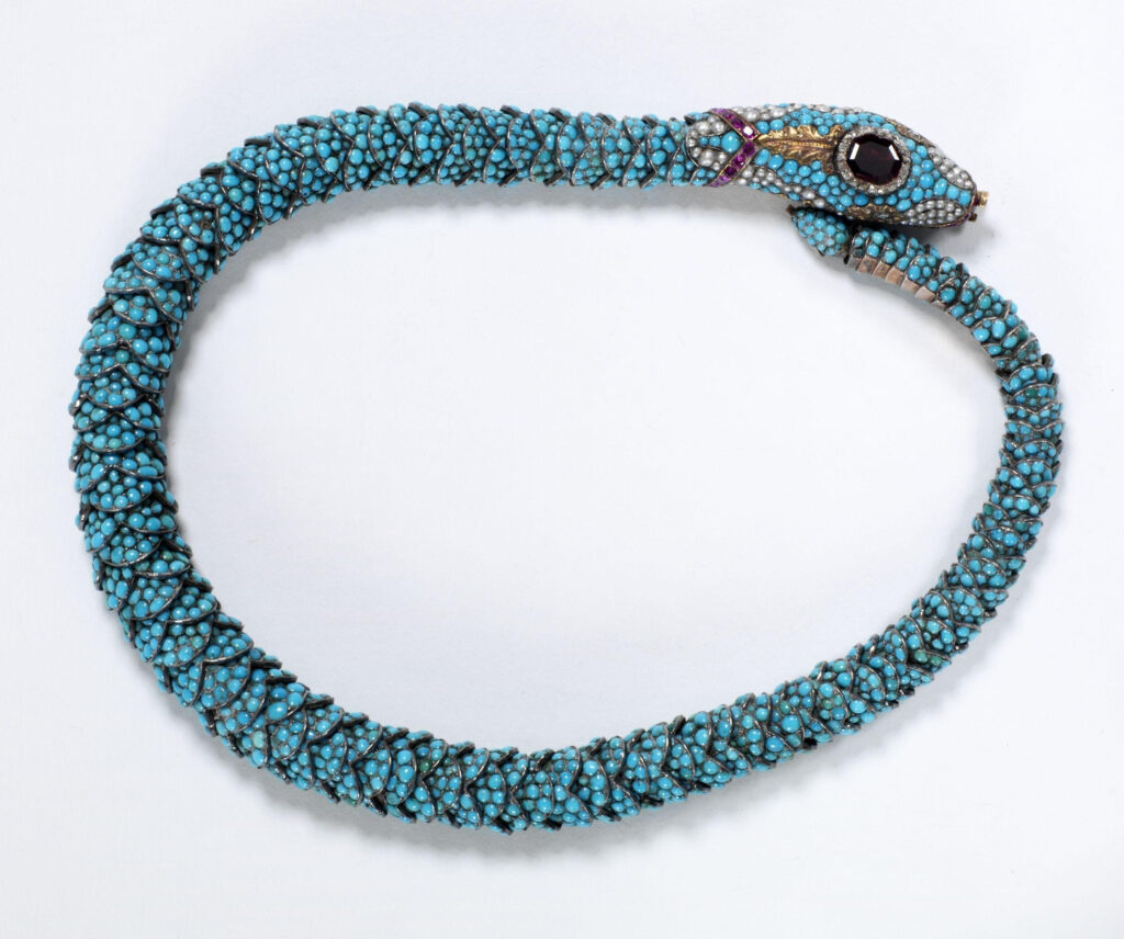 Serpent necklace, silver and gold, pavé-set with turquoises, with rubies, pearls and diamonds, probably made in England, about 1835-40