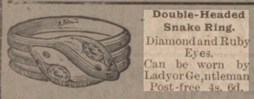 Newspaper advert with illustration of double headed snake ring with gem set eyes. 