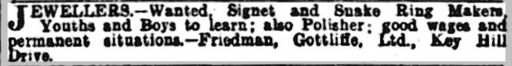 Advert for Signet and Snake Ring Makers - Birmingham Mail, 1915.