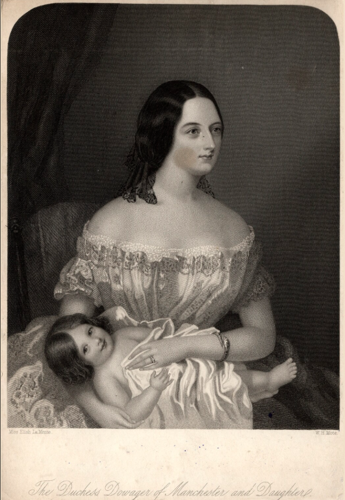 Black and white engraving showing the Duchess of Manchester wearing an off the shoulder dress and with hair hanging to her shoulders. Her baby daughter is wrapped in a loose white cloth and lies across her knees. The Duchess is wearing a large gold snake bangle on her left wrist. 