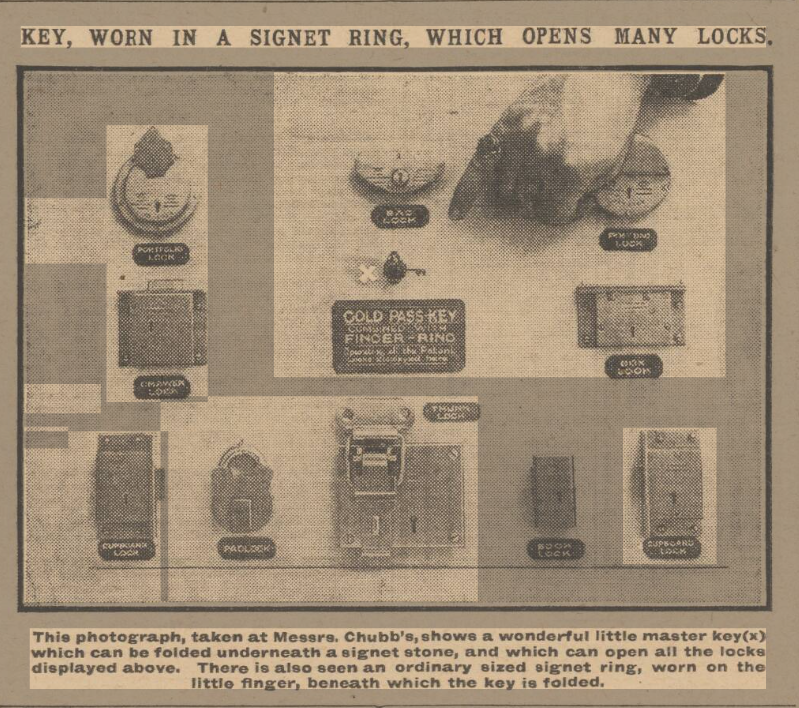 Newspaper advert for signet ring key showing a range of lockets with a small key and a hand with the first finger extended to show the signet ring. 