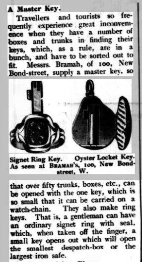 Newspaper paragraph describing Bramah's signet ring key. Two paragraphs of text are divided by a black and white drawing showing a signet ring with the key extended and an oval locket with key. 