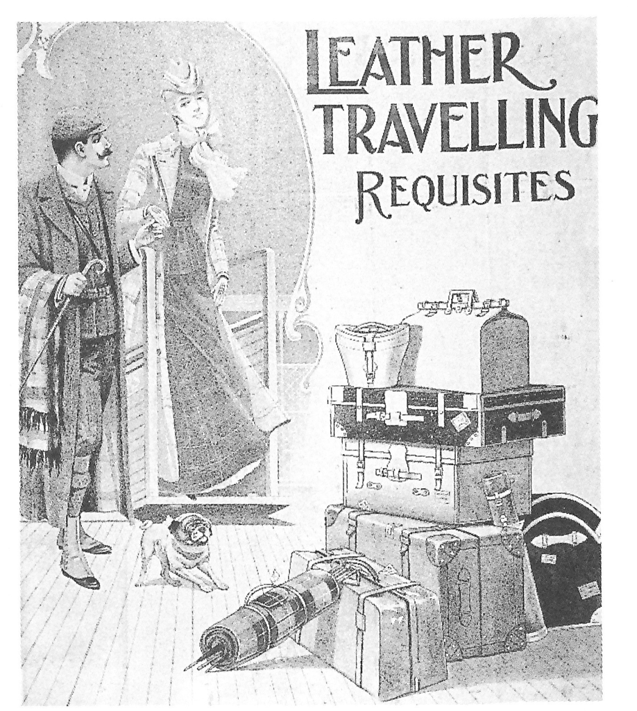 Black and white engraving showing an elegantly dressed woman and man with a small dog, standing next to a pile of luggages, including trunks and boxes. This is the sort of luggage which the master signet ring key could open. 