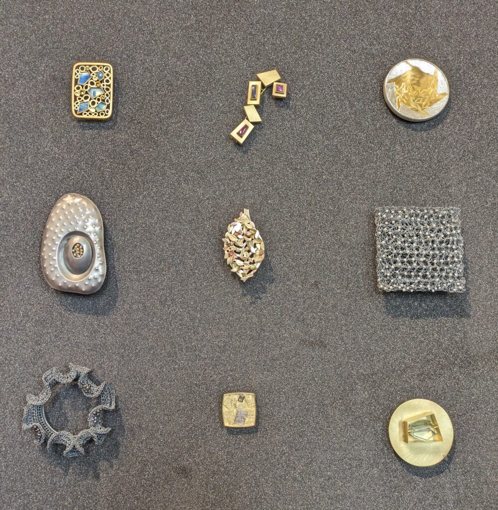 Selection of contemporary brooches from the Goldsmiths' Company stand at Collect 2024. 