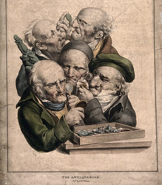 LIthograph of five antiquarian collectors bunched together looking at small pieces of archaeology with magnifiying glasses. By L. Boilly, Welcome Collection. 