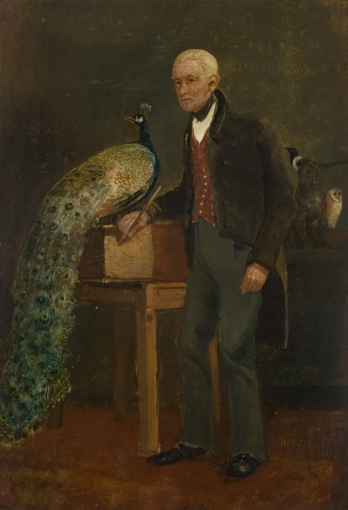 Oil painting of Charles Waterton, father of Edmund Waterton, standing at a desk with a very large snake rising up towards him. 