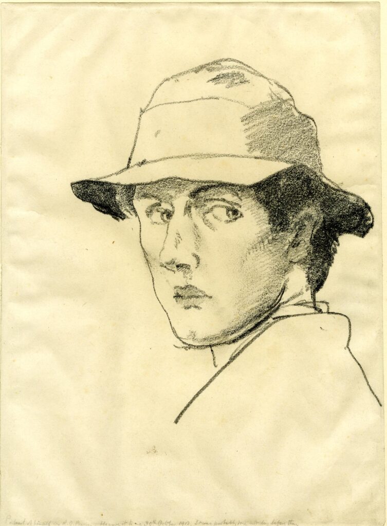 Pencil sketch showing the head and shoulders of a clean shaven young man wearing a soft hat and looking over his shoulder. Self portrait of Reginald Oswald Pearson, 1913.