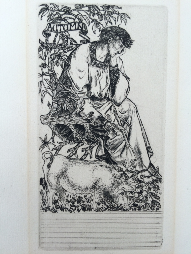 Engraving of a personification of Autumn, shown as a man wearing medieval style clothing. He is seated on a throne made of rough branches. There is a boar at his feet. By Reginald Oswald Pearson, 1911.