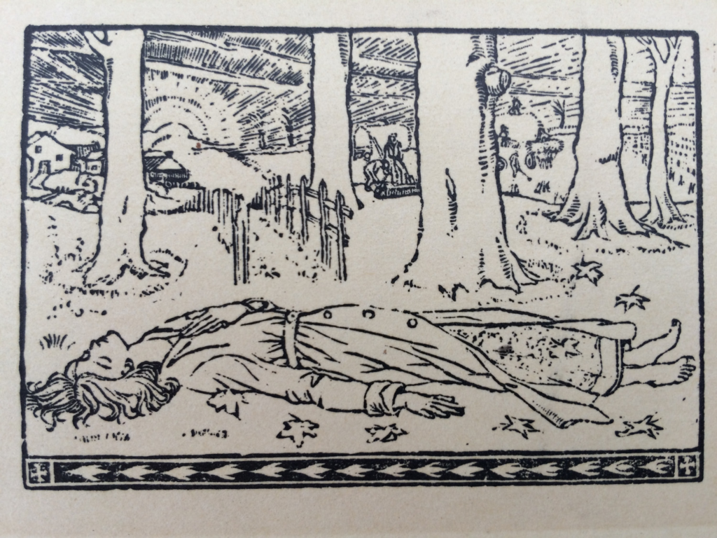 Black and white woodcut print of a woodland showing a young woman in a medieval style gown lying on the ground among fallen leaves. By Reginald Oswald Pearson, 1913.