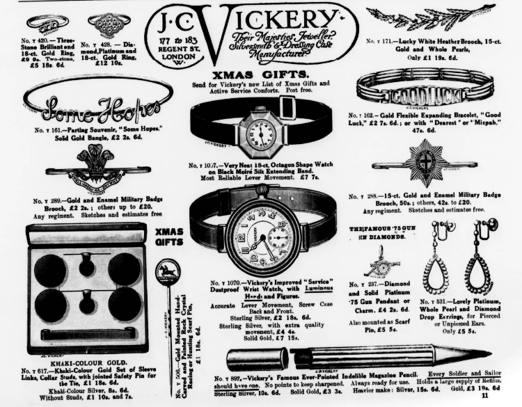 Newspaper advert for J.C. Vickery showing a range of jewellery including watches, khaki-gold buttons, white heather brooch and bracelets marked 'Some Hopes' and 'Good Luck' 