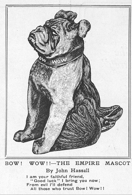 Newspaper advert with image of 'Bow! Wow! lucky token. Charm in the shape of a seated bull dog with the back made up of an upside down German eagle. 