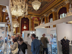 View of jewellery stands and visitors at Londons' Goldsmiths Fair