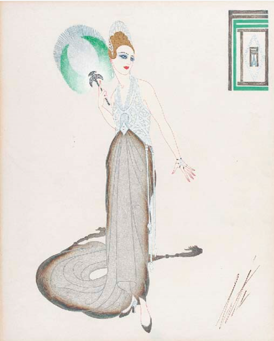 Watercolour painting of a young woman wearing a dress with a white bodice and a long brown train. She is holidng a green feather fan in her right hand and turning away to the right. 