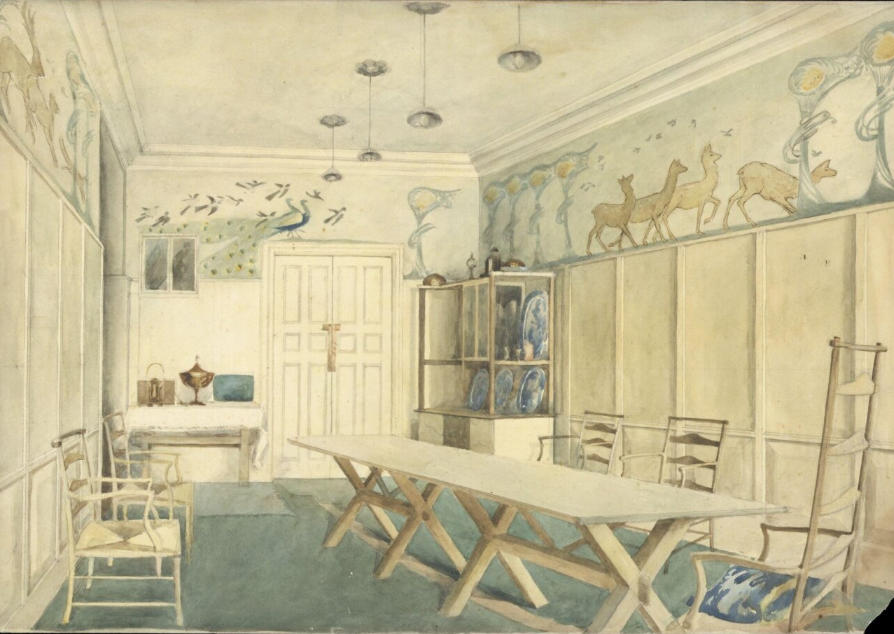 View of the dining room at the Ancient Magpie and Stump, 37, Cheyne Walk, London - austere pale room, with a frieze depicting animals including a peacock and deer. There is a sideboard containing blue and white porcelain, a long trestle table and several ladder-back chairs.