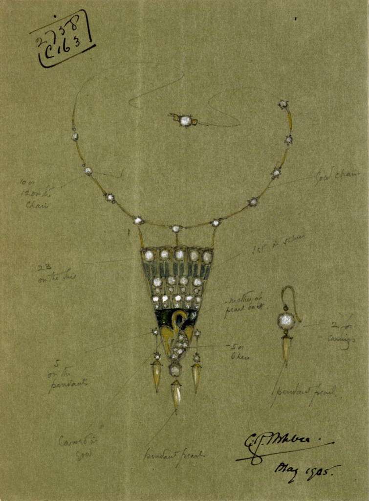 Brown paper with coloured drawings. 
Designs by Charles Robert Ashbee, F.R.I.B.A. (1863-1942), for a gold necklace set with pearls, with a pendant in the form of a peacock, and for matching earrings.Signed CR. Ashbee and dated May 1905. 
