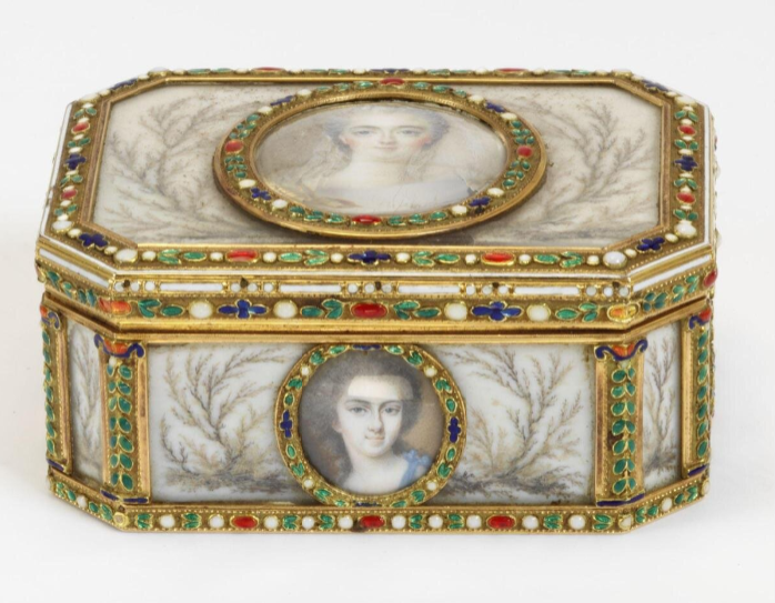 Enamelled gold box decorated with hairwork simulating moss agate, probably c. 1776-1778; mounted with earlier miniatures on ivory, circa 1750, traditionally identified as the Princesse de Lorraine (lid), the Prince de lorraine (base), the Prince de Lambesc, Abbesse de Remiremont, Princesse de Carignan, Princesse Charlotte and the Duc de Vaudemont (sides) maker's mark for L Cousin, Paris marks for 1781-1782 and 1781-1783
