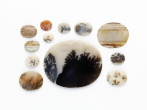 Set of moss agate and other stone samples